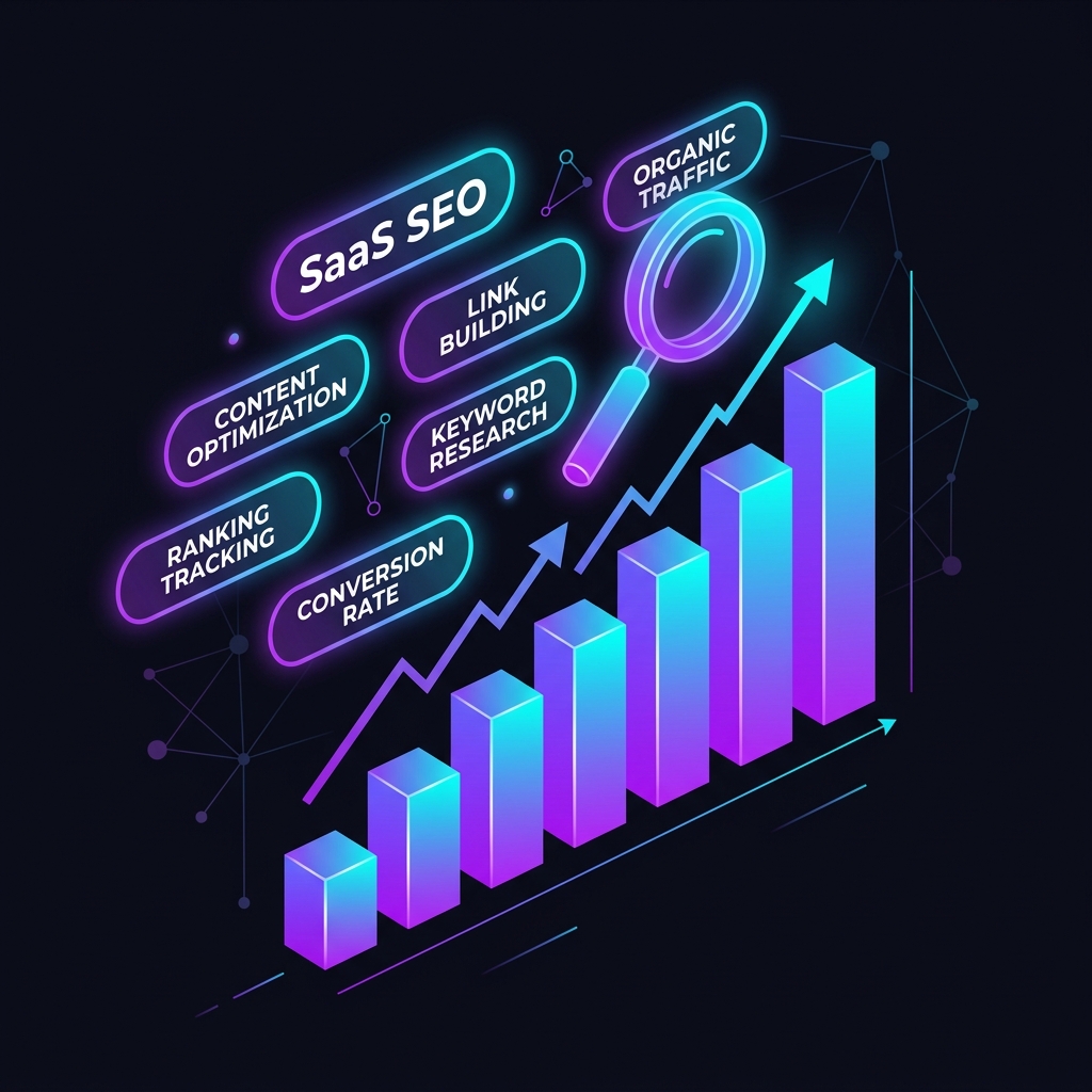 The Complete SaaS SEO Strategy Guide for 2026 - illustrated with data charts and SEO elements