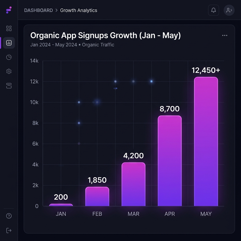 FitStack organic app signups chart showing 12,000+ signups over 5 months