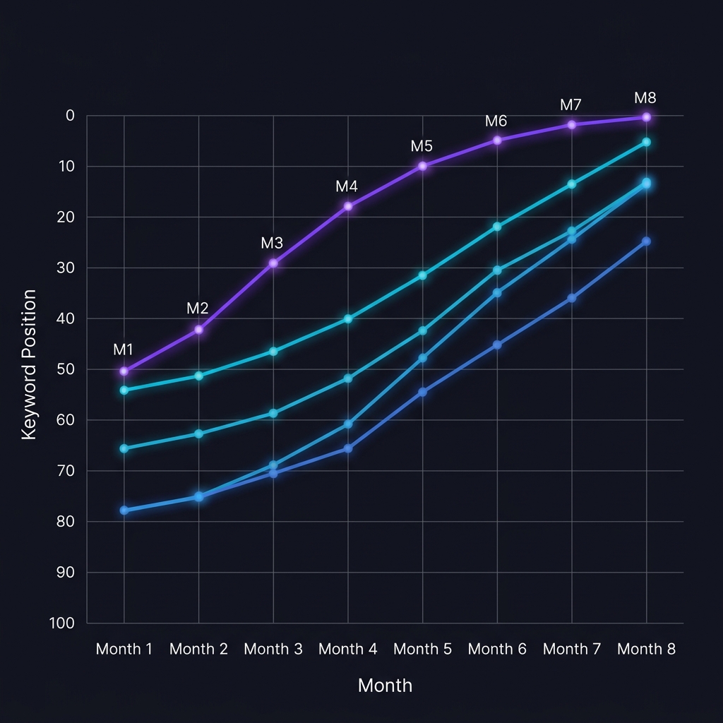 SignFlow keyword rankings chart showing rise from page 5 to position 1